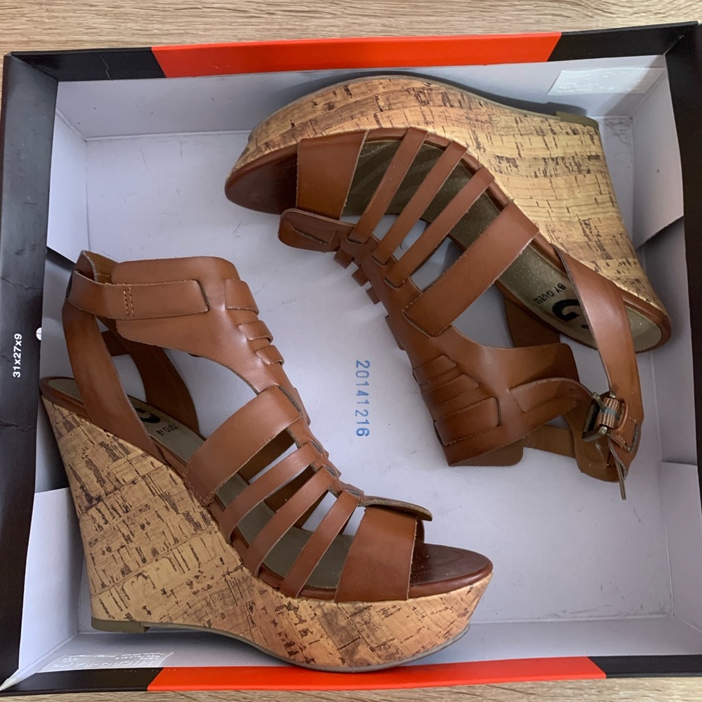 G by Guess Tan Strappy Cork Wedges